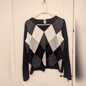 🖤 Gap Argyle Y2K Sweater white red gray cotton V-neck pullover holiday preppy